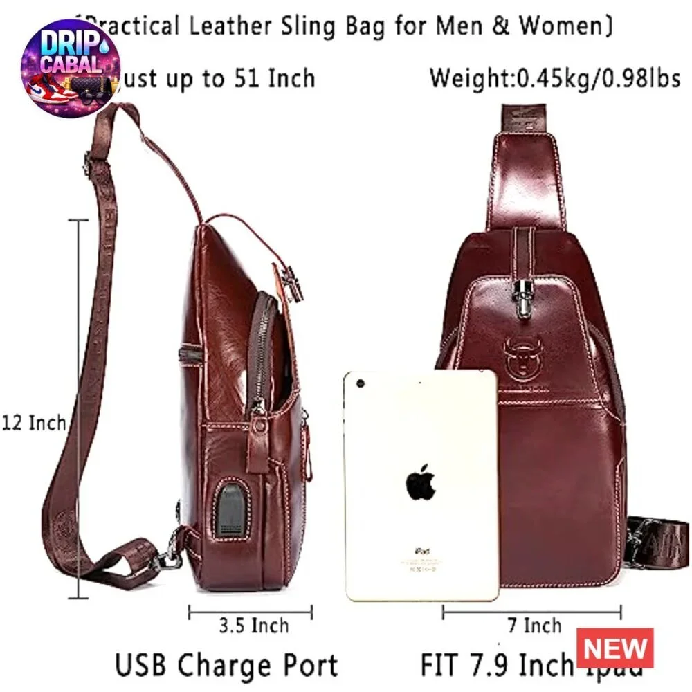 Genuine Leather Sling Bag Crossbody Backpack Daypack with USB Charging Port
